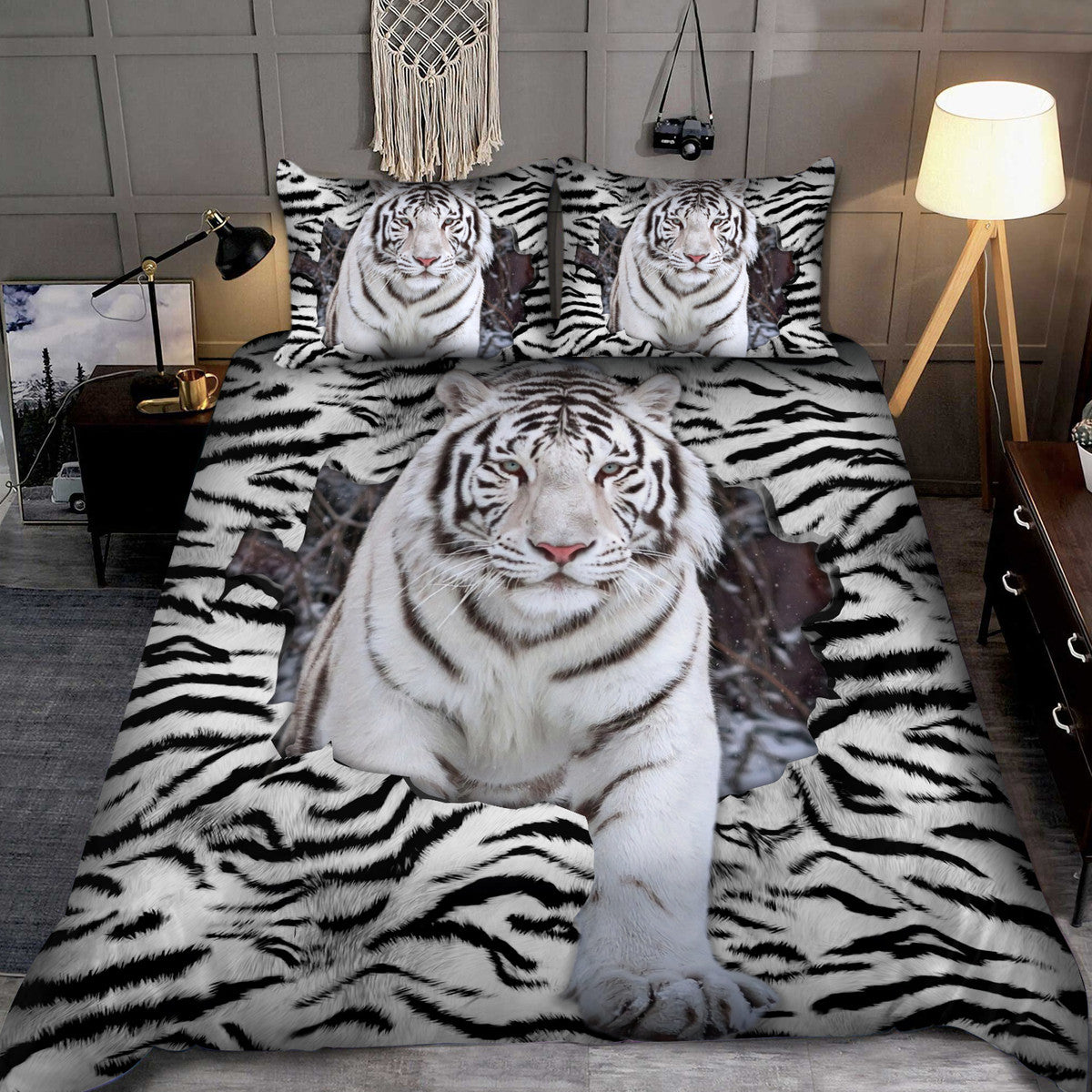 White Tiger Pattern All Over Printed Bedding Set Q090205