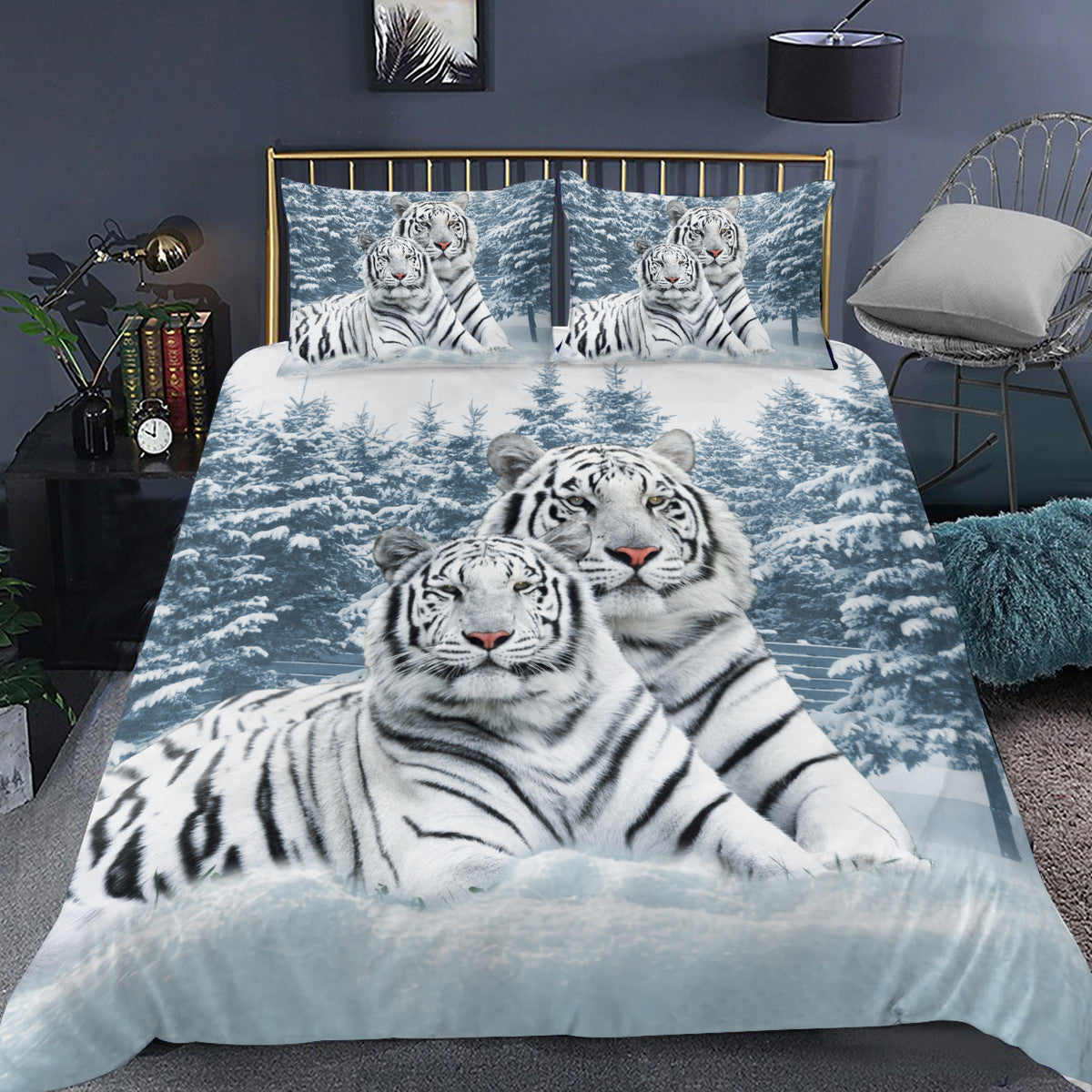 White Tiger Winter All Over Printed Bedding Set Q060307