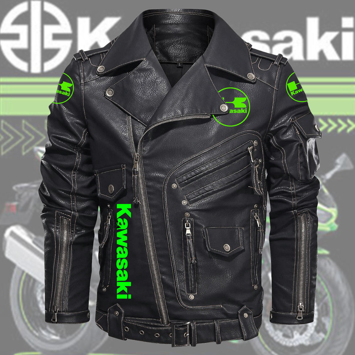 Kw Belt Solid Zipper Street Leather Jacket Q061001