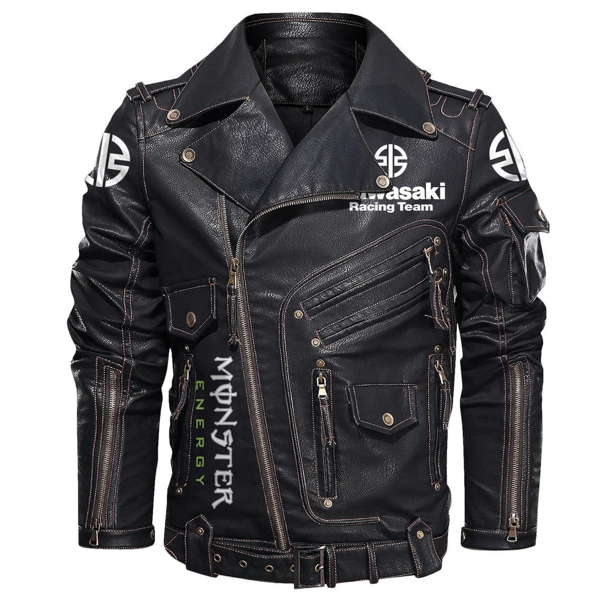 Kw x Me Belt Solid Zipper Street Leather Jacket Q141001