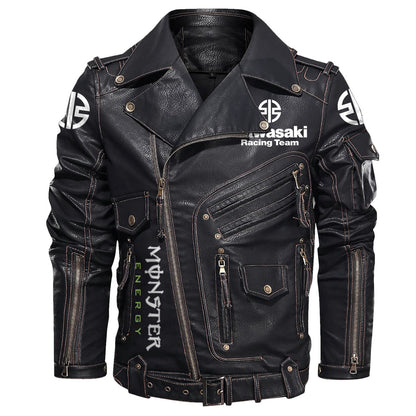 Kw x Me Belt Solid Zipper Street Leather Jacket Q141001