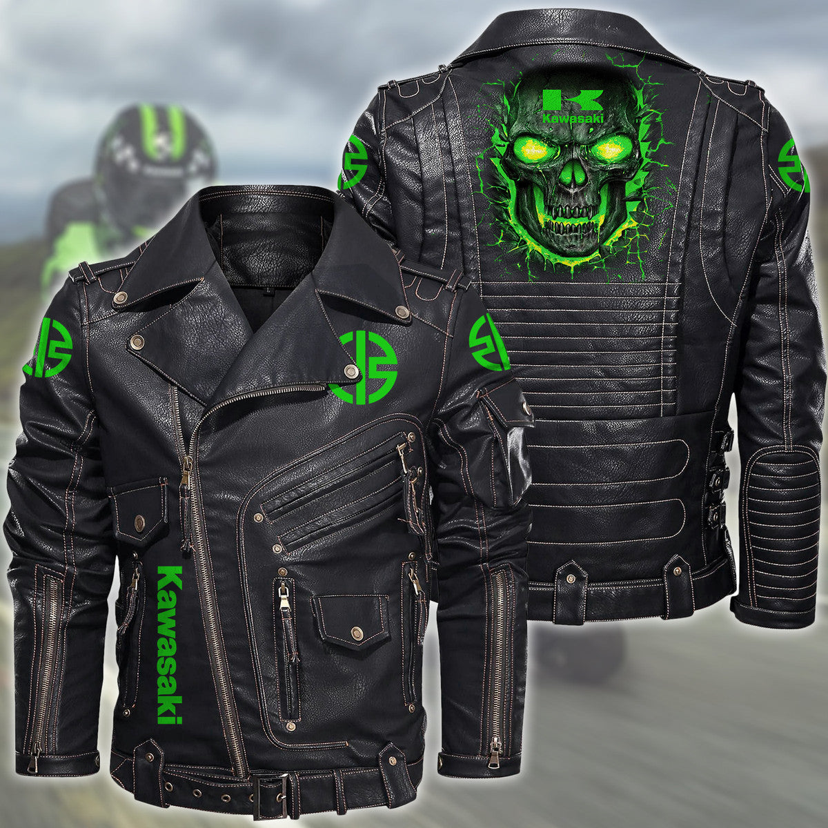Kw Skull Belt Solid Zipper Street Leather Jacket Q171001