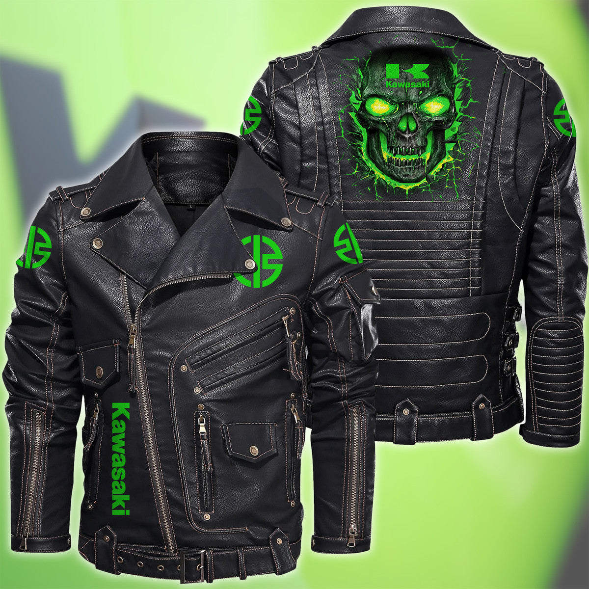 Kw Skull Belt Solid Zipper Street Leather Jacket Q171001