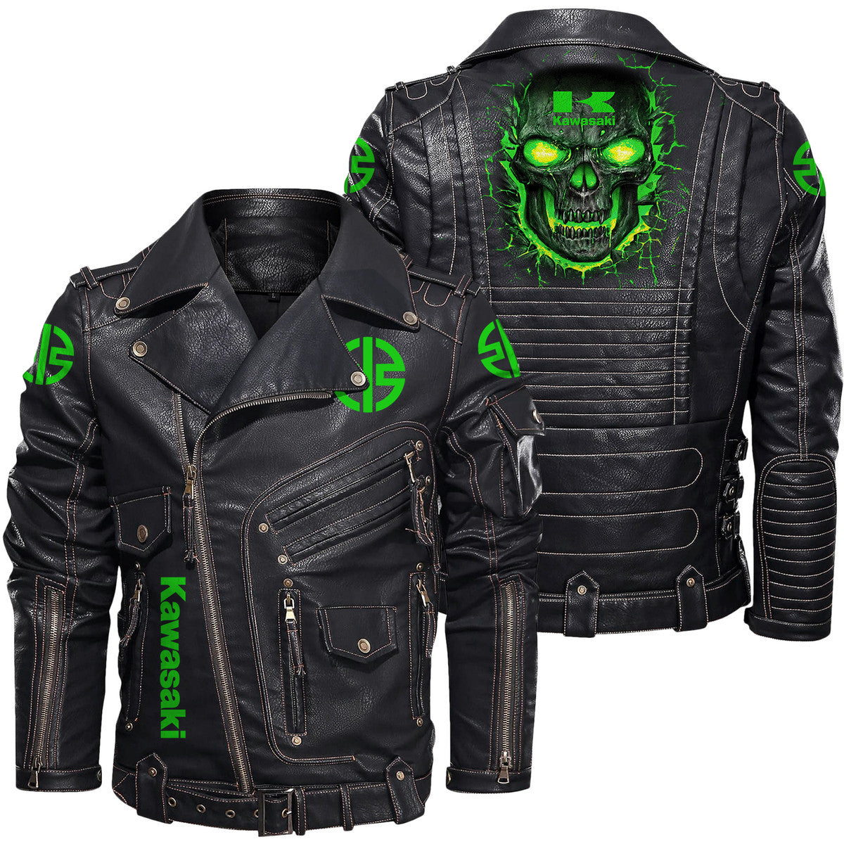 Kw Skull Belt Solid Zipper Street Leather Jacket Q171001