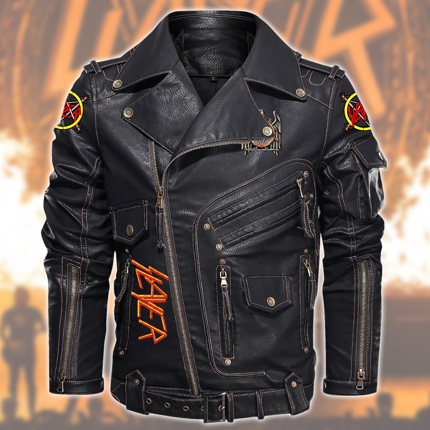 SL Show no mercy Belt Solid Zipper Street Leather Jacket P301108
