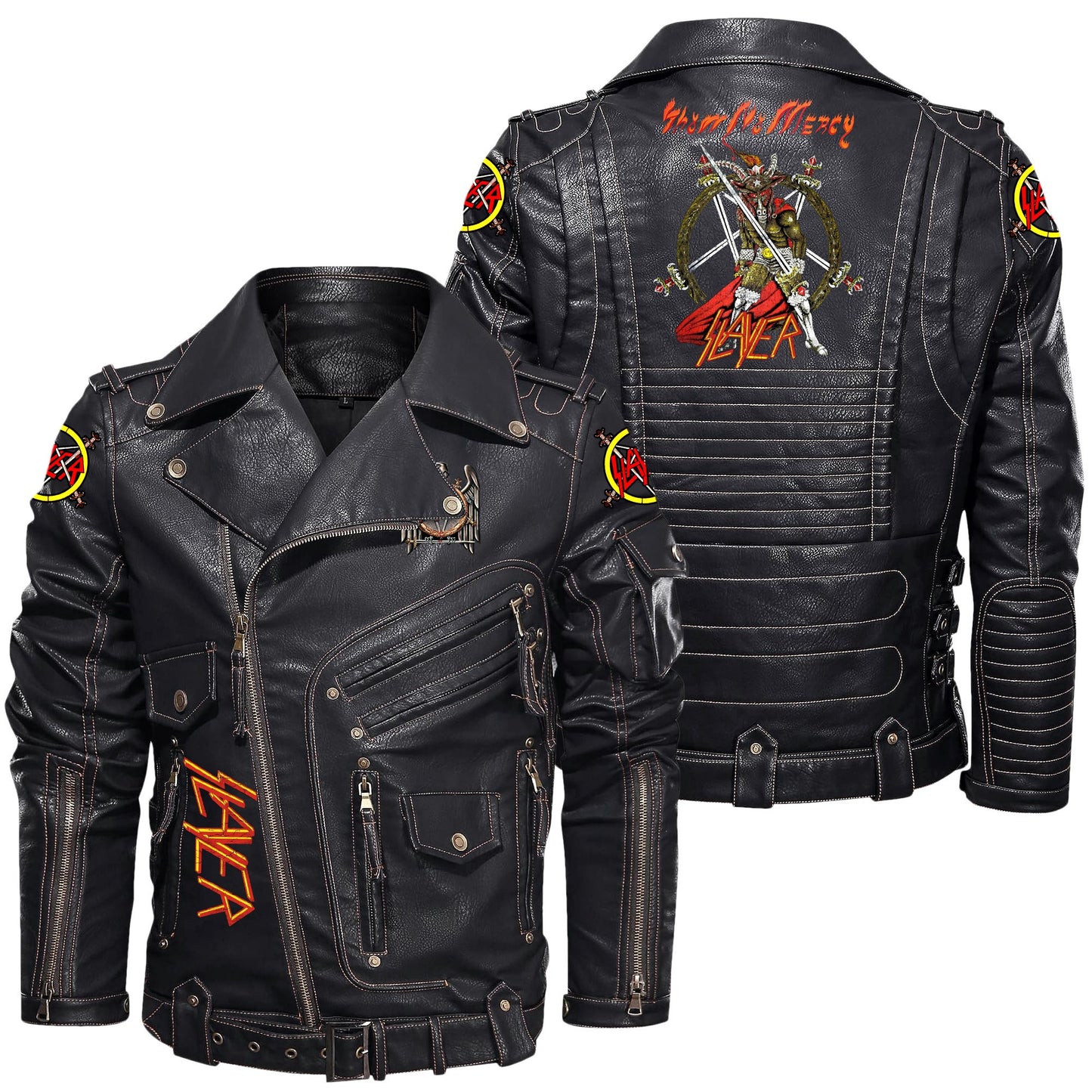 SL Show no mercy Belt Solid Zipper Street Leather Jacket P301108