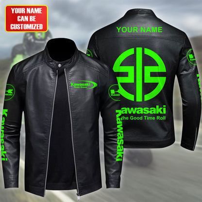 Personalized KW Leather Bomber Stand Collar Jacket S120110