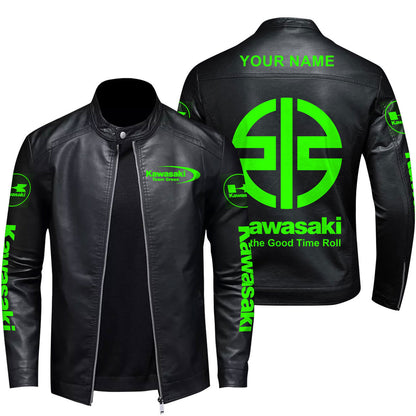 Personalized KW Leather Bomber Stand Collar Jacket S120110