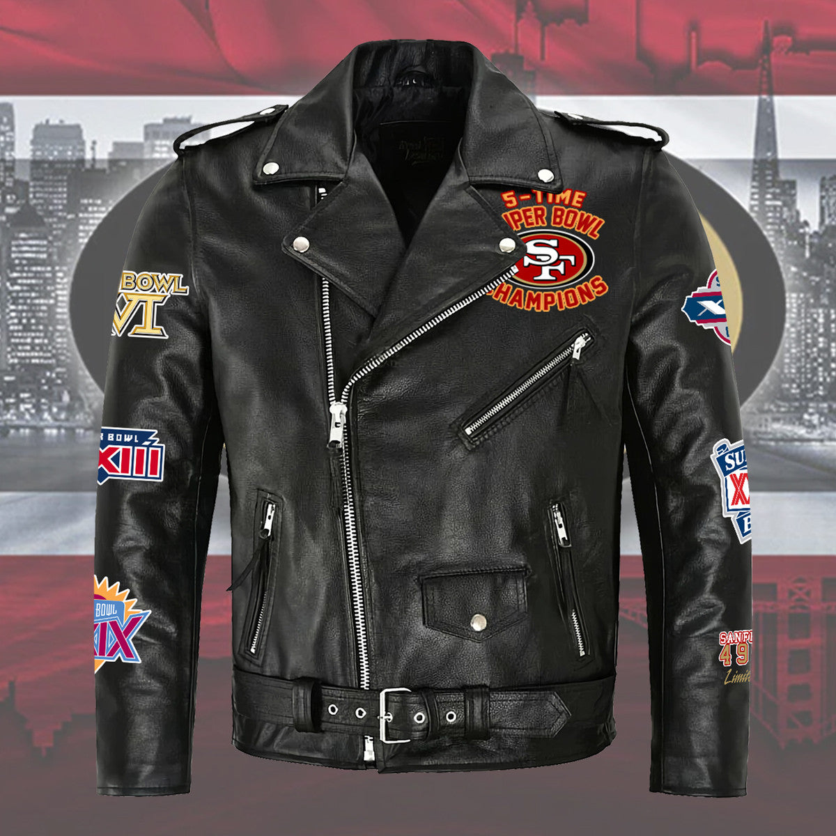 SF49 Super Bowl Zipper Vintage Leather Jacket Q290301