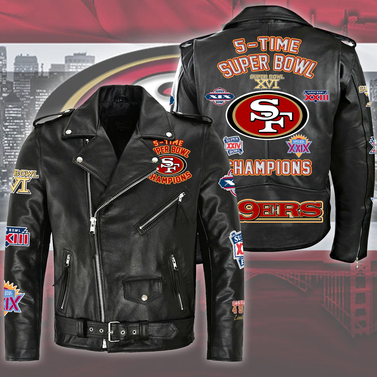SF49 Super Bowl Zipper Vintage Leather Jacket Q290301