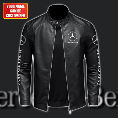 Personalized Merc AMG Leather Bomber Stand Collar Jacket S280510