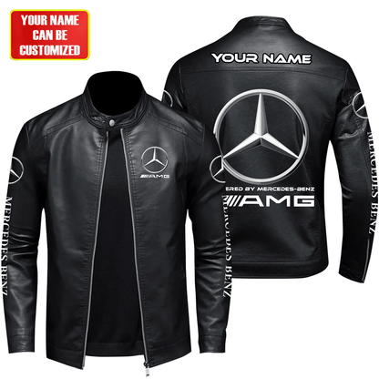 Personalized Merc AMG Leather Bomber Stand Collar Jacket S280510