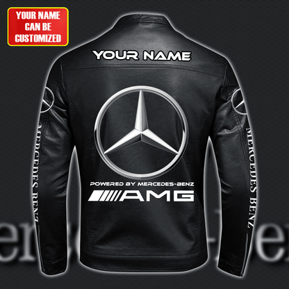 Personalized Merc AMG Leather Bomber Stand Collar Jacket S280510