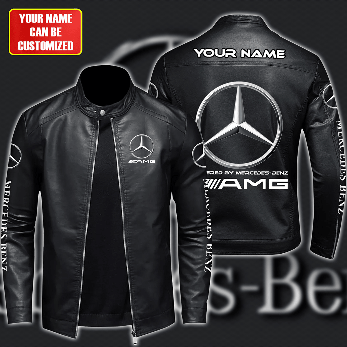 Personalized Merc AMG Leather Bomber Stand Collar Jacket S280510