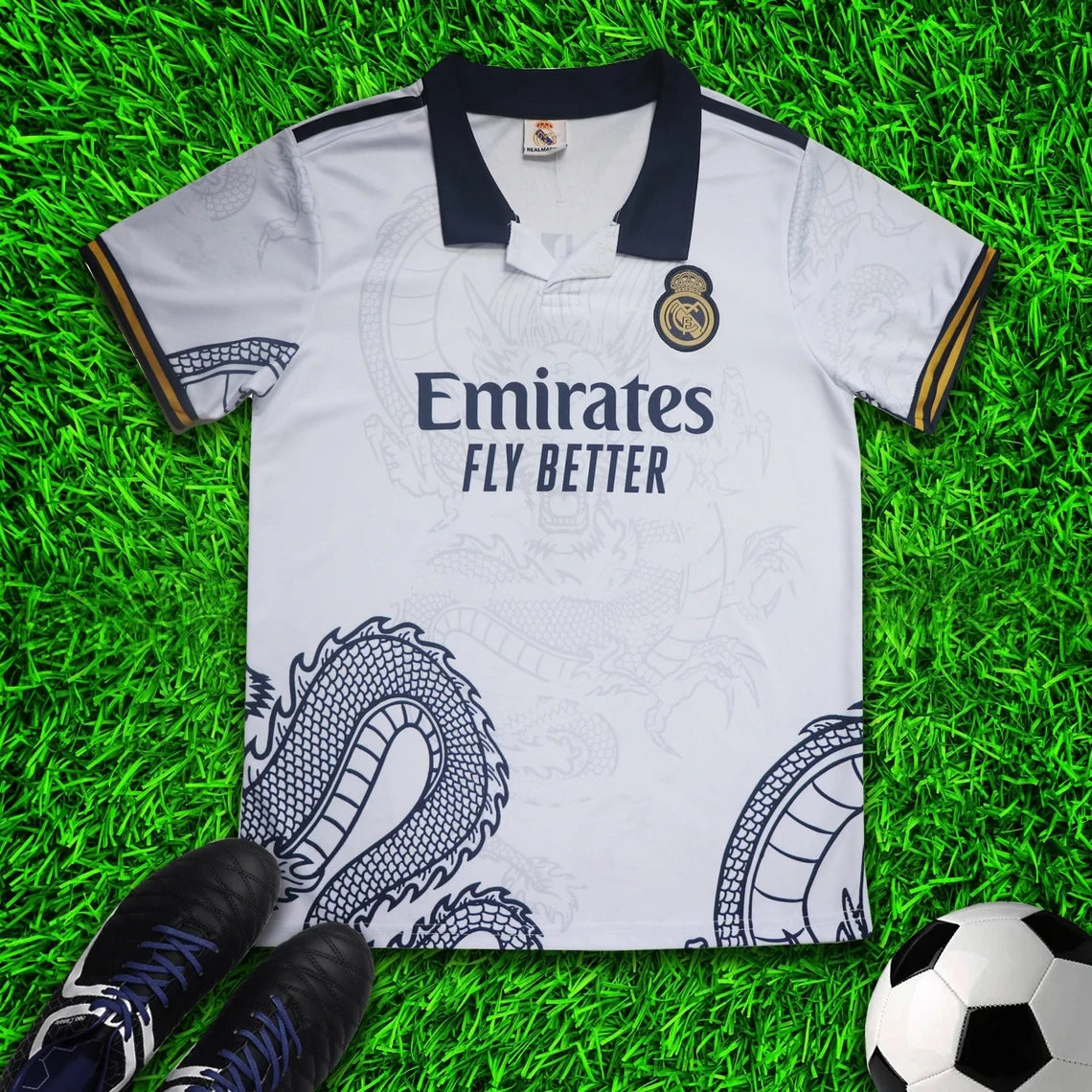Real Madrid Ronaldo White Dragon Soccer Jersey Kit & Shorts with Socks Set for Boys and Girls Vintage Youth Sizes
