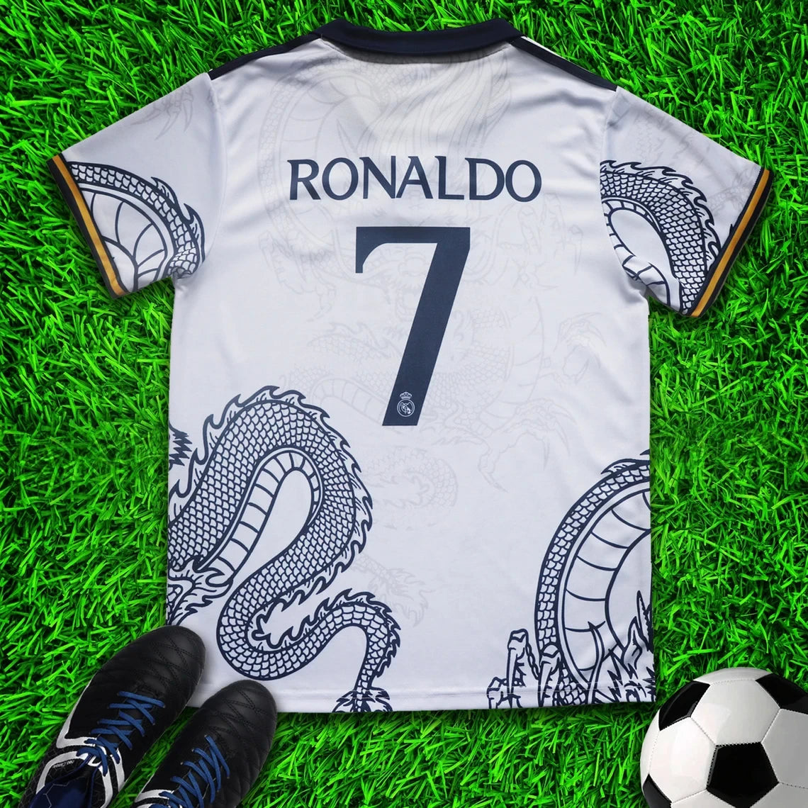 Real Madrid Ronaldo White Dragon Soccer Jersey Kit & Shorts with Socks Set for Boys and Girls Vintage Youth Sizes