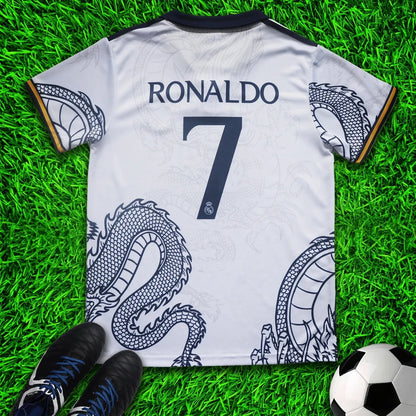 Real Madrid Ronaldo White Dragon Soccer Jersey Kit & Shorts with Socks Set for Boys and Girls Vintage Youth Sizes