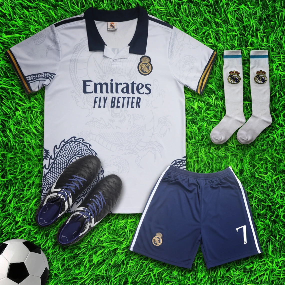 Real Madrid Ronaldo White Dragon Soccer Jersey Kit & Shorts with Socks Set for Boys and Girls Vintage Youth Sizes
