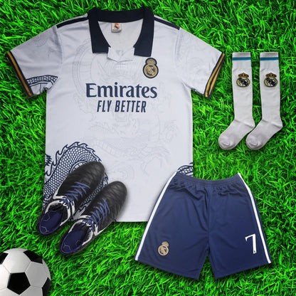 Real Madrid Ronaldo White Dragon Soccer Jersey Kit & Shorts with Socks Set for Boys and Girls Vintage Youth Sizes