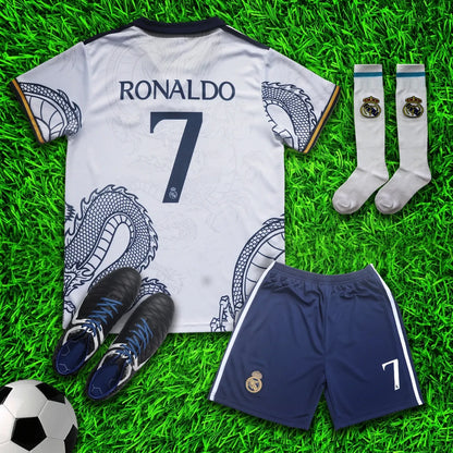 Real Madrid Ronaldo White Dragon Soccer Jersey Kit & Shorts with Socks Set for Boys and Girls Vintage Youth Sizes