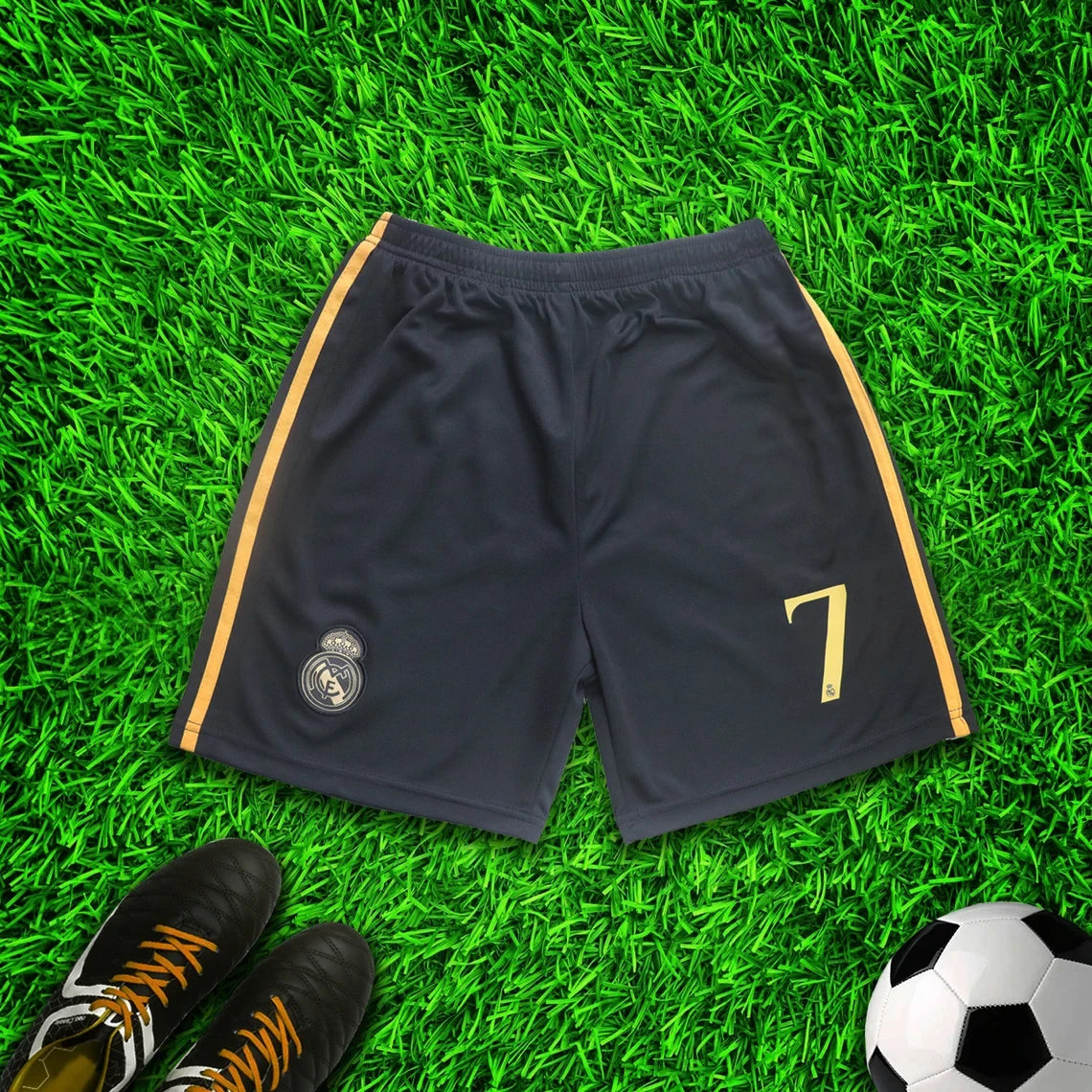 Real Madrid Vini Jr. Gold Black Dragon Soccer Jersey Kit & Shorts with Socks Set for Boys Girls Vintage Youth Sizes