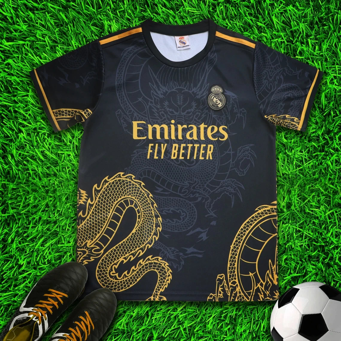 Real Madrid Vini Jr. Gold Black Dragon Soccer Jersey Kit & Shorts with Socks Set for Boys Girls Vintage Youth Sizes
