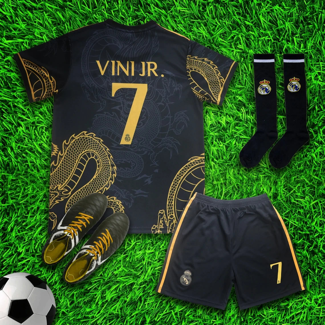 Real Madrid Vini Jr. Gold Black Dragon Soccer Jersey Kit & Shorts with Socks Set for Boys Girls Vintage Youth Sizes