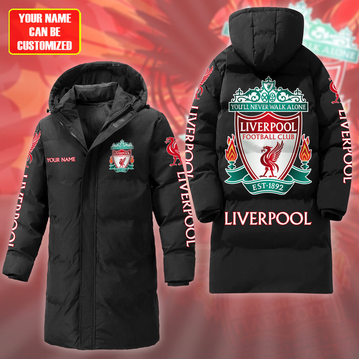 Liverpool FC Long Padded Coat , Thick And Warm , Hooded Cotton Coat P230902