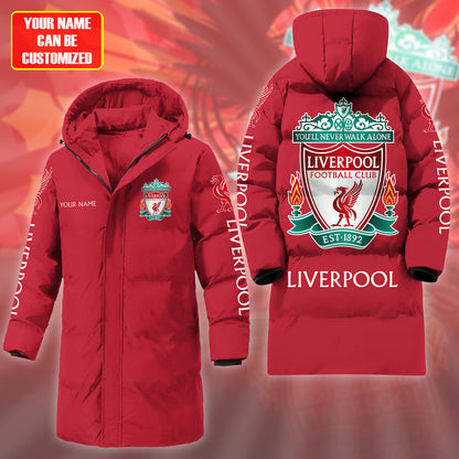 Liverpool FC Long Padded Coat , Thick And Warm , Hooded Cotton Coat P230902