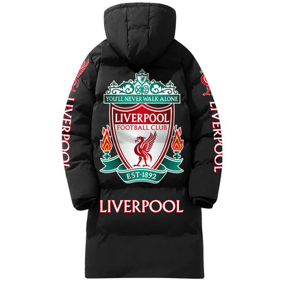 Liverpool FC Long Padded Coat , Thick And Warm , Hooded Cotton Coat P230902