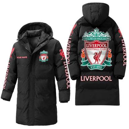 Liverpool FC Long Padded Coat , Thick And Warm , Hooded Cotton Coat P230902