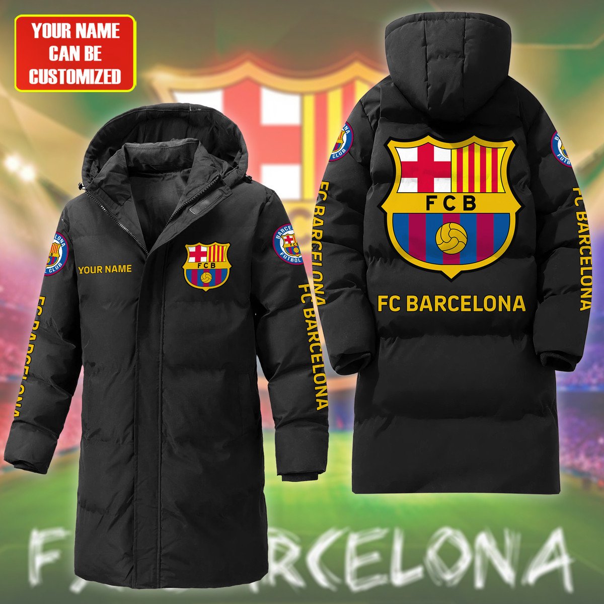 Barcelona FC Long Padded Coat , Thick And Warm , Hooded Cotton Coat P240902