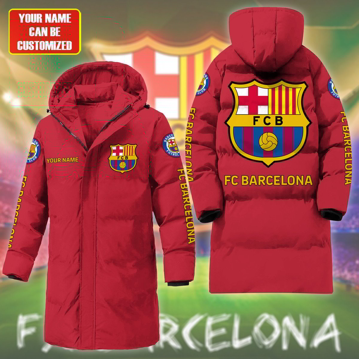 Barcelona FC Long Padded Coat , Thick And Warm , Hooded Cotton Coat P240902