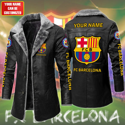 Personalized Barça Leather Fleece Winter Coat Q230906