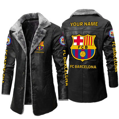 Personalized Barça Leather Fleece Winter Coat Q230906