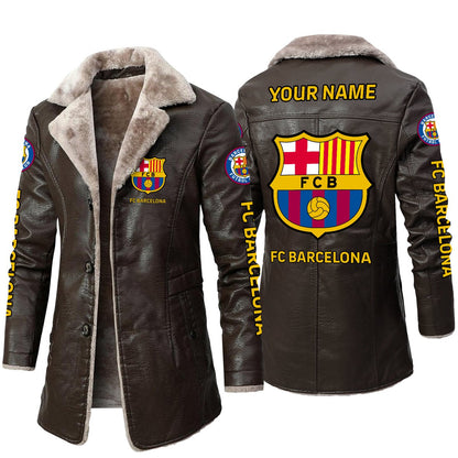 Personalized Barça Leather Fleece Winter Coat Q230906
