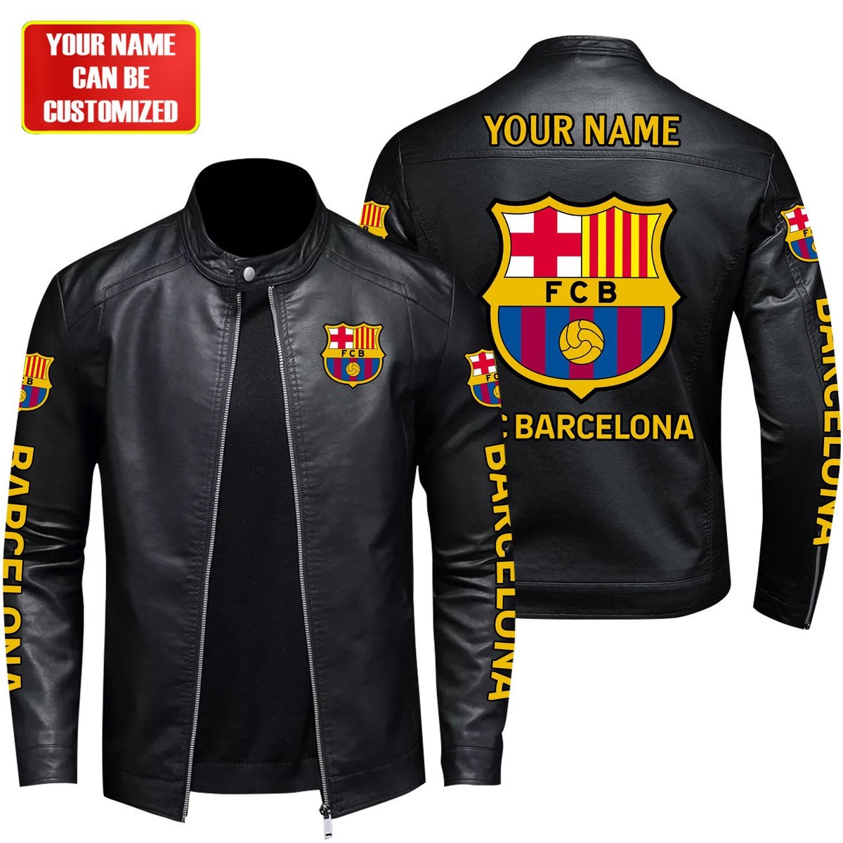 Personalized Barcelona Leather Bomber Stand Collar Jacket S250905