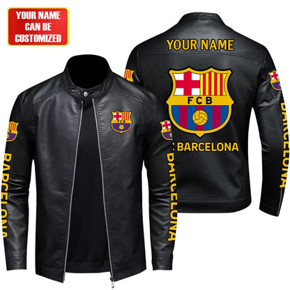 Personalized Barcelona Leather Bomber Stand Collar Jacket S250905