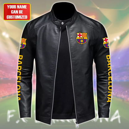 Personalized Barcelona Leather Bomber Stand Collar Jacket S250905