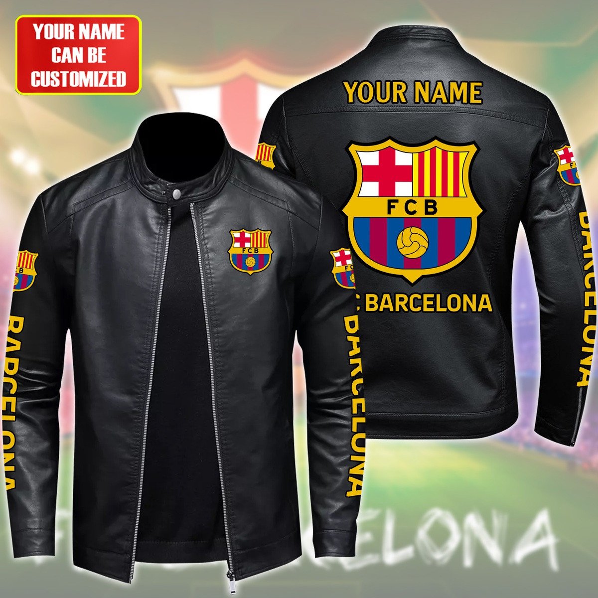 Personalized Barcelona Leather Bomber Stand Collar Jacket S250905
