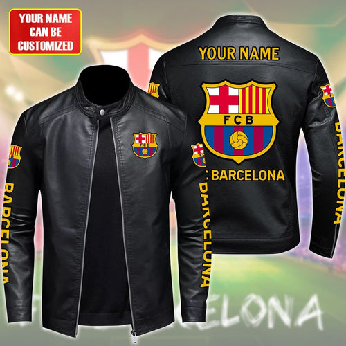 Personalized Barcelona Leather Bomber Stand Collar Jacket S250905