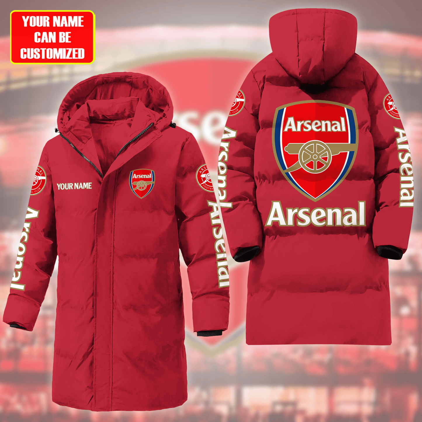 Personalized Arsenal Long Padded Coat , Thick And Warm , Hooded Cotton Coat Q270905