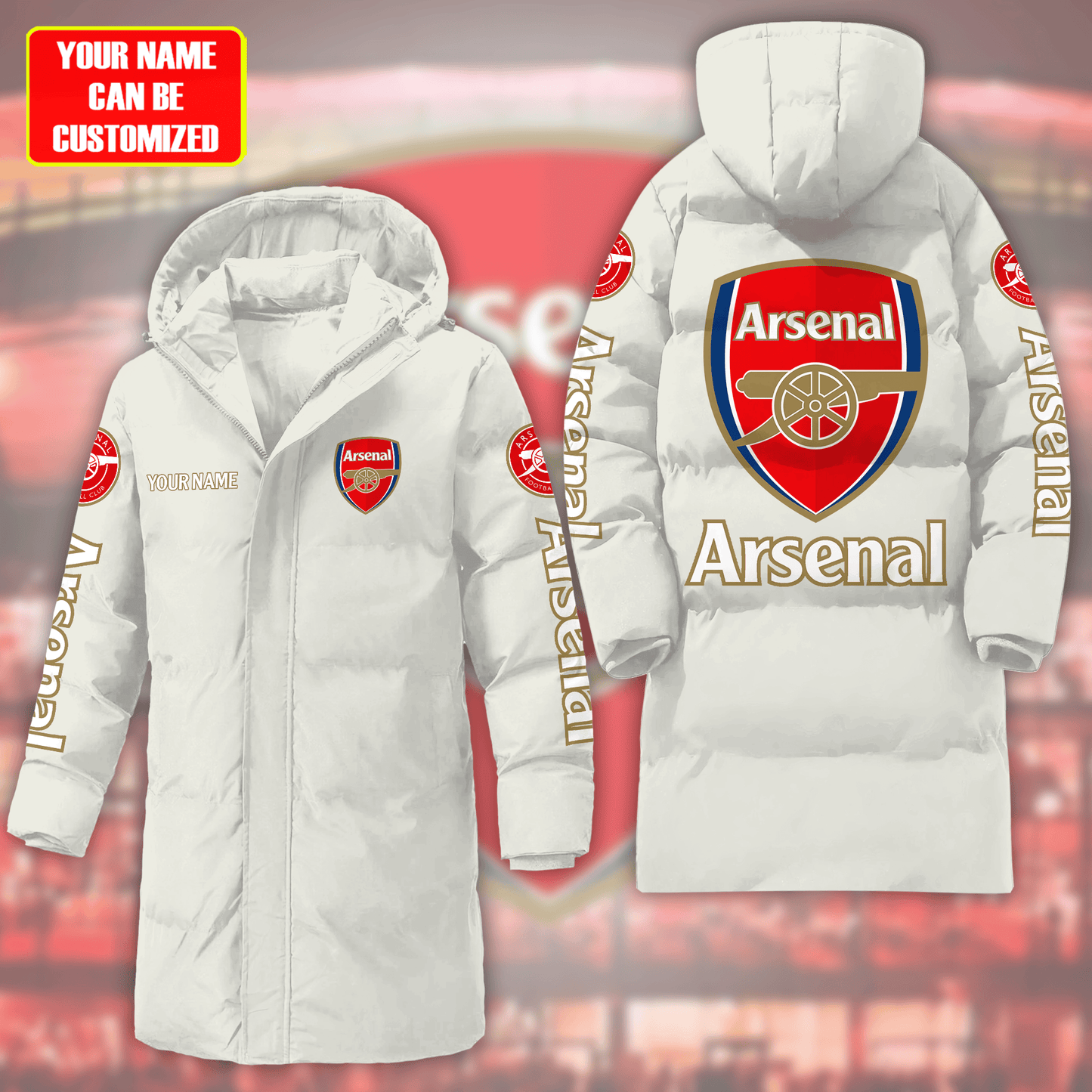 Personalized Arsenal Long Padded Coat , Thick And Warm , Hooded Cotton Coat Q270905