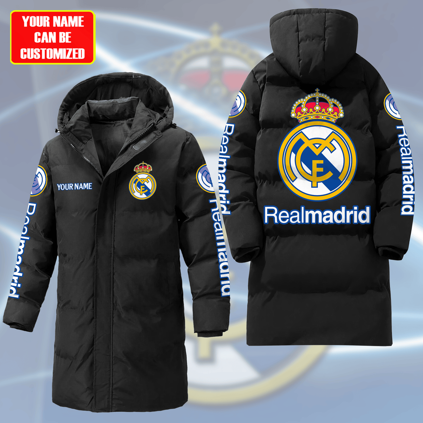 Personalized Real Madrid Long Padded Coat , Thick And Warm , Hooded Cotton Coat Q270906