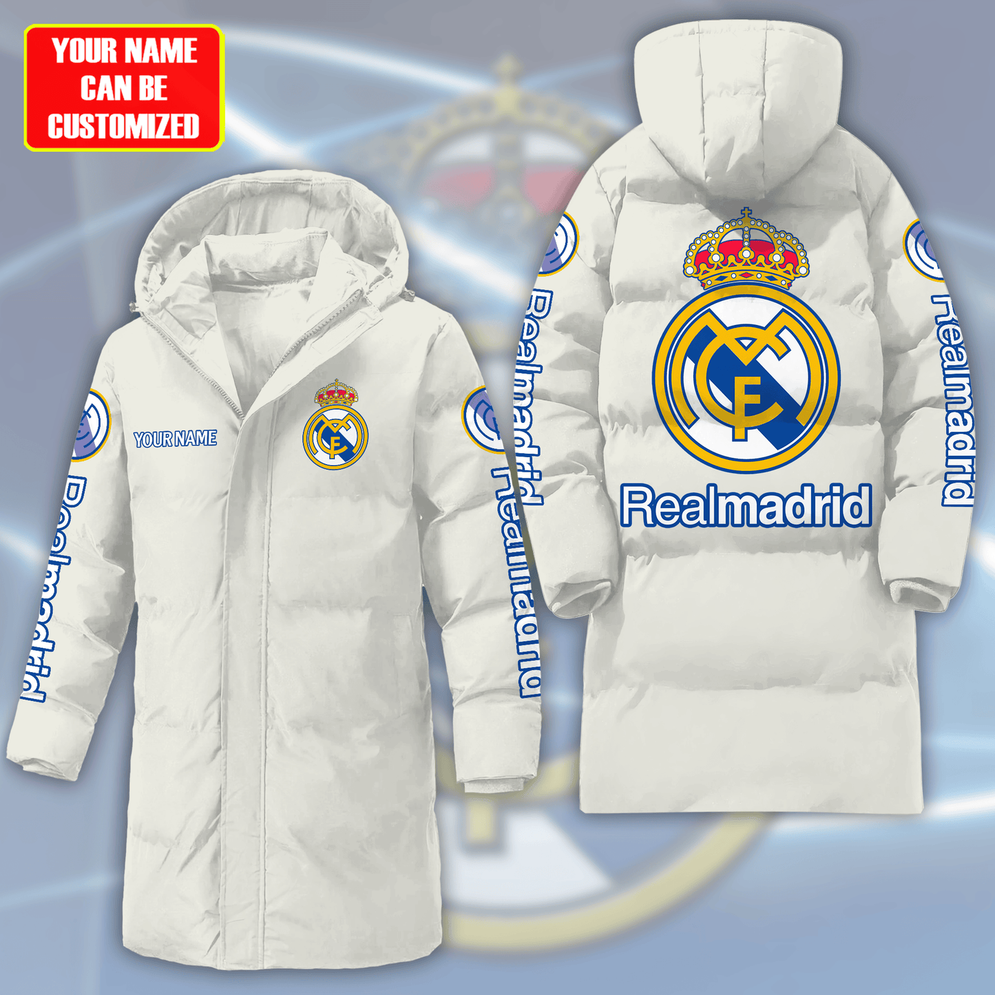 Personalized Real Madrid Long Padded Coat , Thick And Warm , Hooded Cotton Coat Q270906