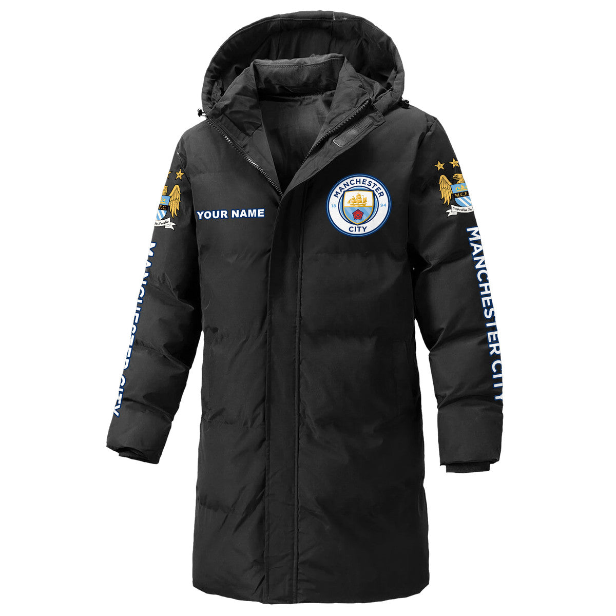 Personalized Manchester City Long Padded Coat , Thick And Warm , Hooded Cotton Coat S300913