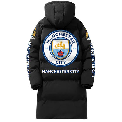 Personalized Manchester City Long Padded Coat , Thick And Warm , Hooded Cotton Coat S300913
