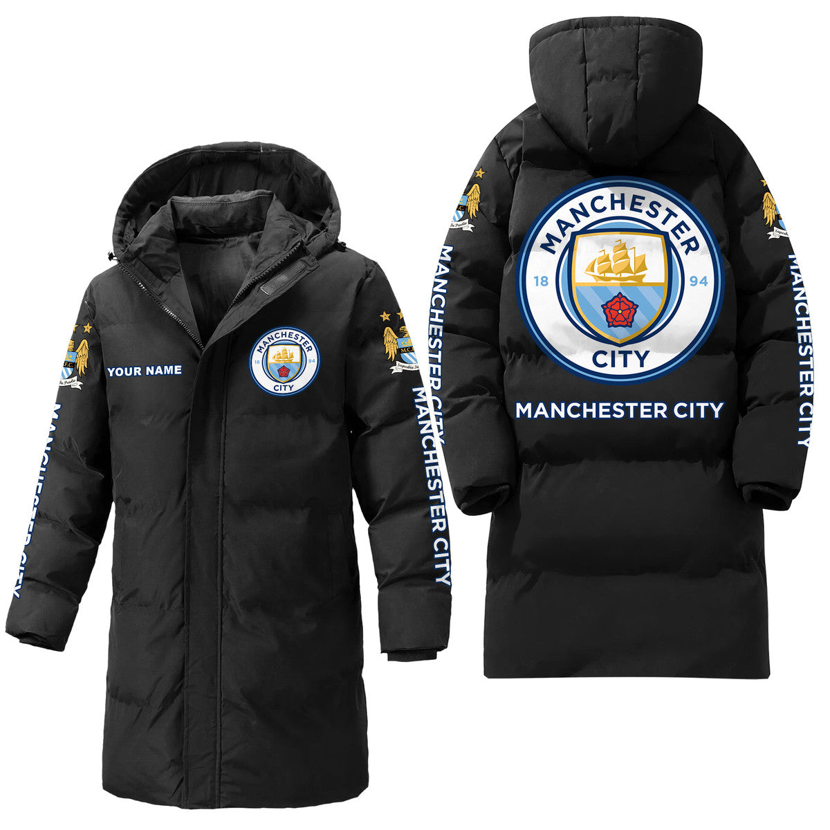 Personalized Manchester City Long Padded Coat , Thick And Warm , Hooded Cotton Coat S300913