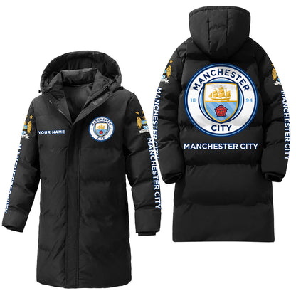 Personalized Manchester City Long Padded Coat , Thick And Warm , Hooded Cotton Coat S300913