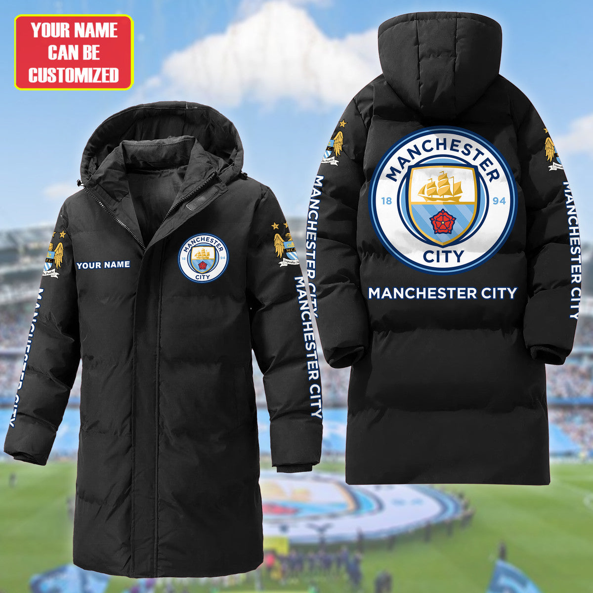 Personalized Manchester City Long Padded Coat , Thick And Warm , Hooded Cotton Coat S300913